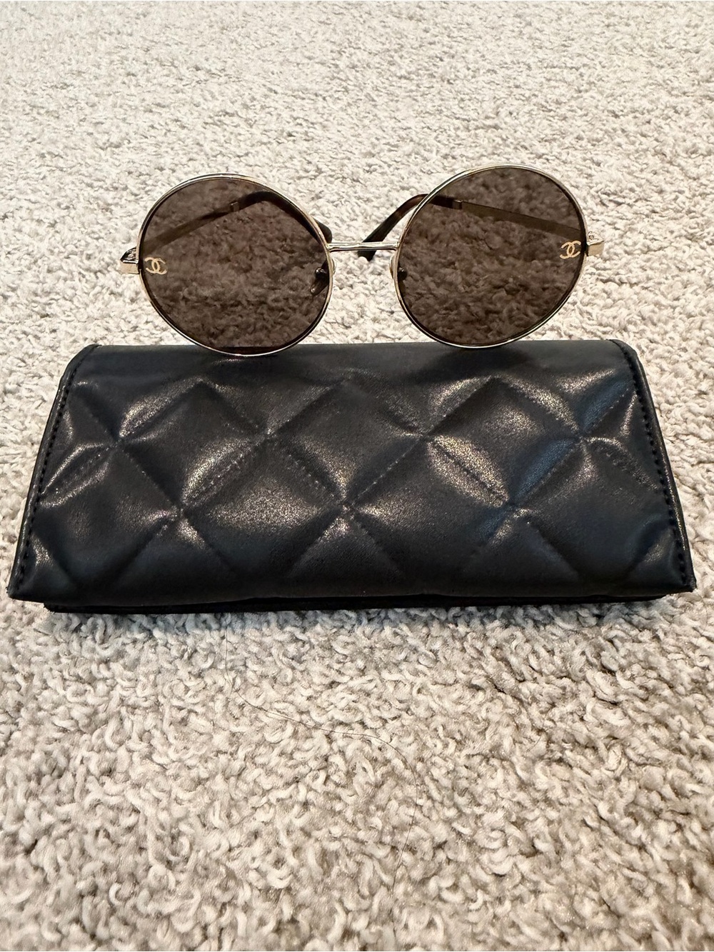 Chanel Gold Rim Round Sunglasses with Black Quilted Case